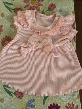 SHEIN Pink Ribbed Ruffle Bow Top for Kids